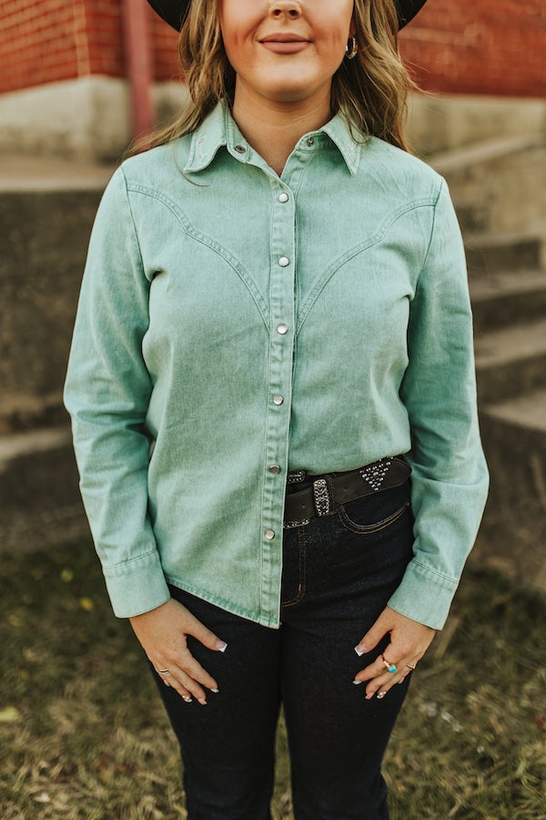 Bit & Bridle Sage Pearl Snap Top