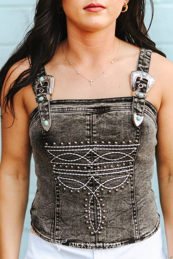 Black MineralWash Ivory Embroidered Vintage Buckle Strap Top