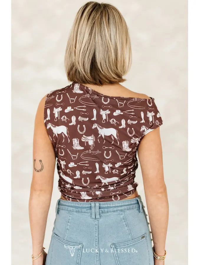 Western Icon Print Top — Brown Fitted Sleeveless Stretch Cowgirl