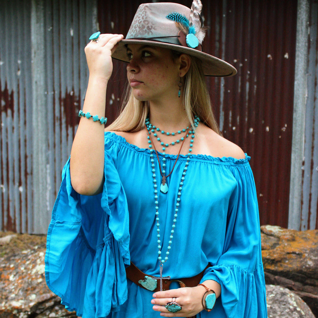 Double Strand Lariat Blue Turquoise Necklace w/ Copper Feather