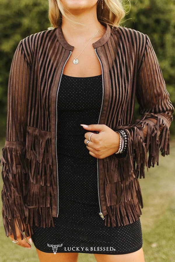 Chocolate Brown Mesh Fringe Jacket