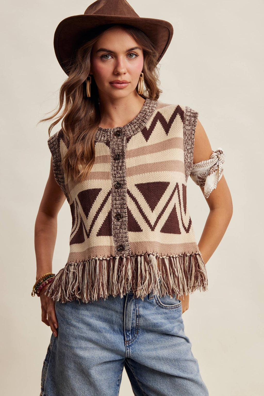 Western Fringe Knit Sweater Vest