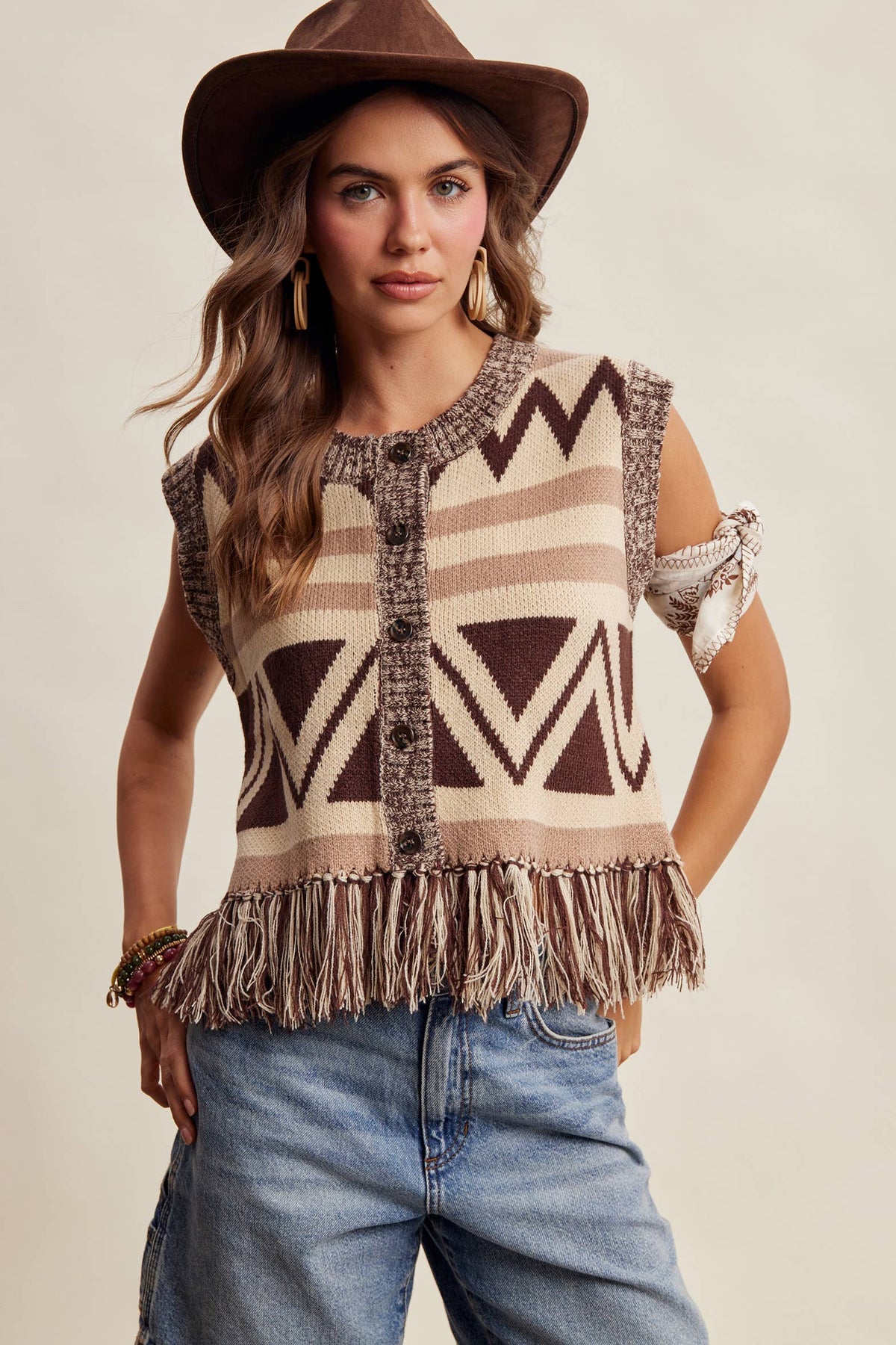 Western Fringe Knit Sweater Vest