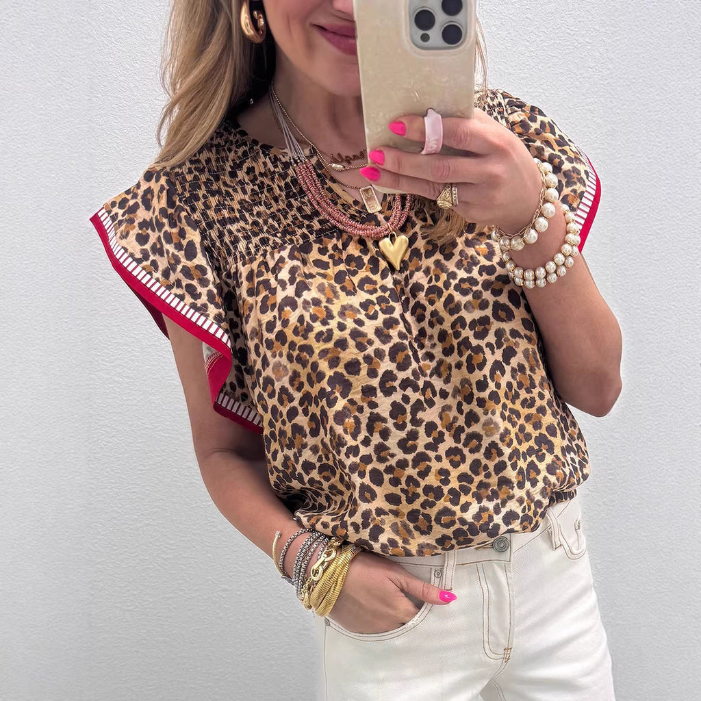 Womens Leopard-Print Ruffle-Trim Flowy Chiffon Blouse