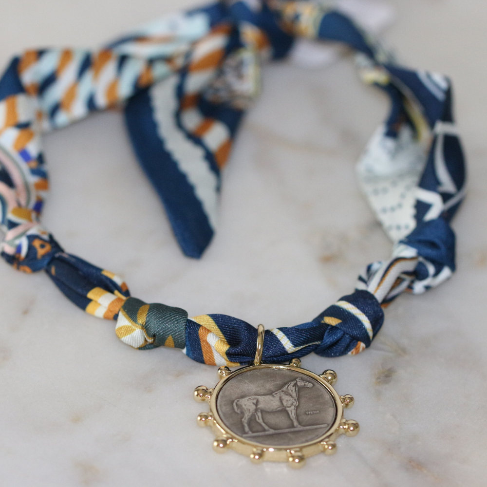 Derby Days Midnight Navy Horse Medallion Scarf Necklace Wrap