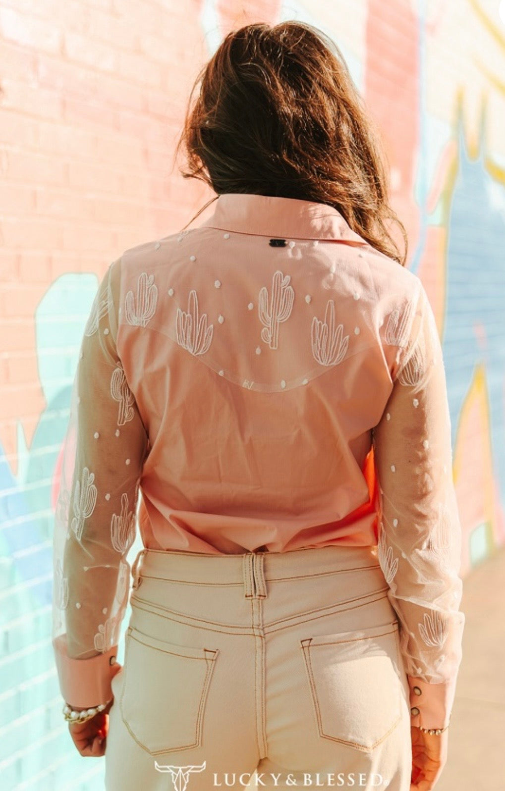 PEACH PEARL SNAP BUTTON DOWN CACTUS MESH LONG SLEEVE TOP