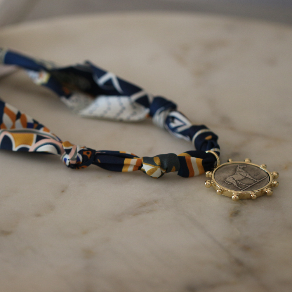 Derby Days Midnight Navy Horse Medallion Scarf Necklace Wrap