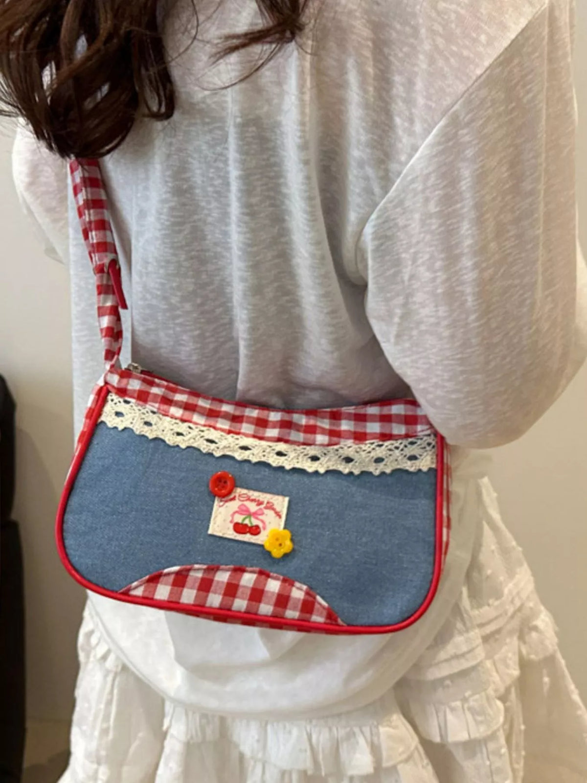 Cherry Plaid Strap Crossbody Bag