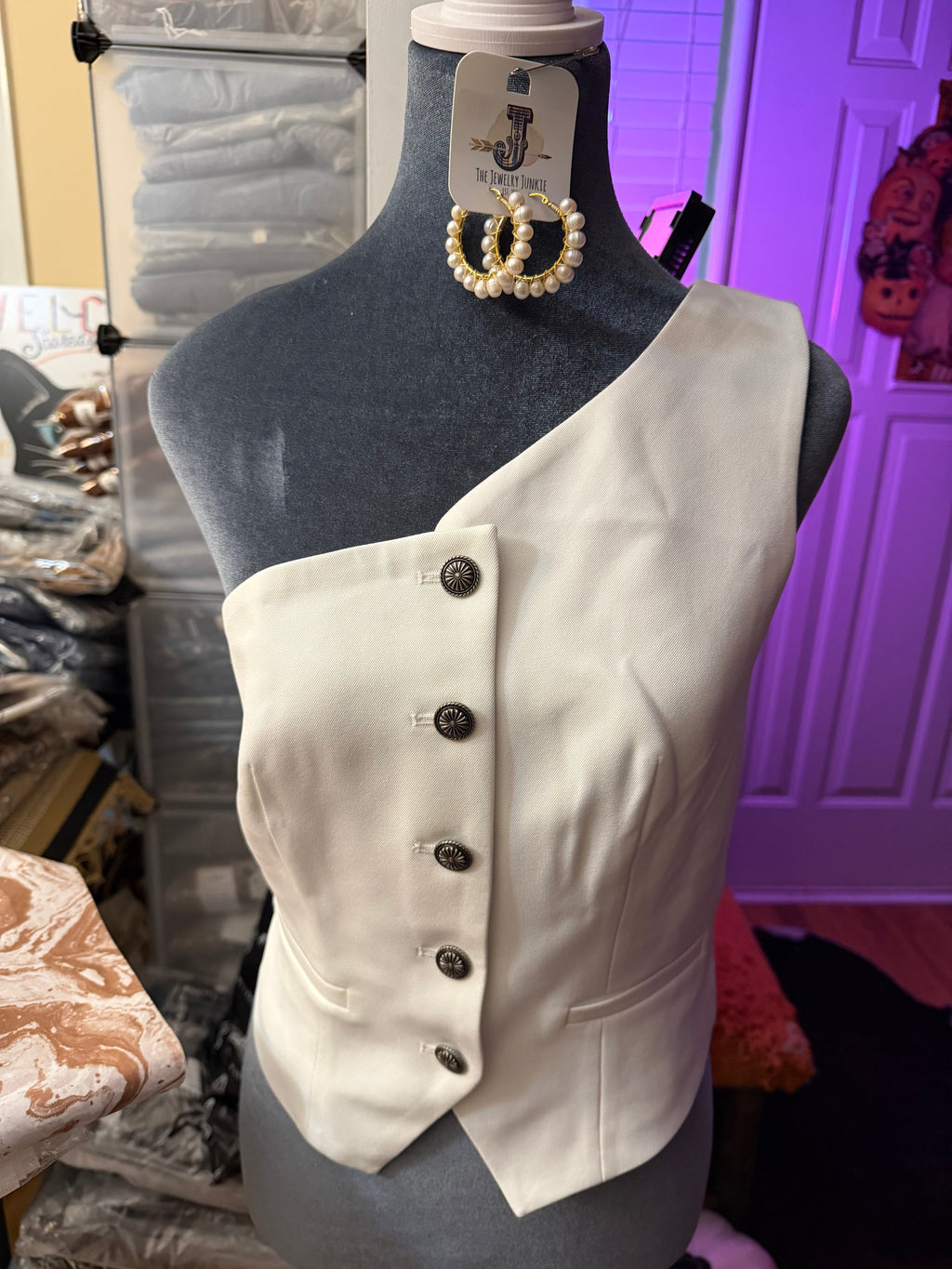 Ivory Concho Button One-Shoulder Vest