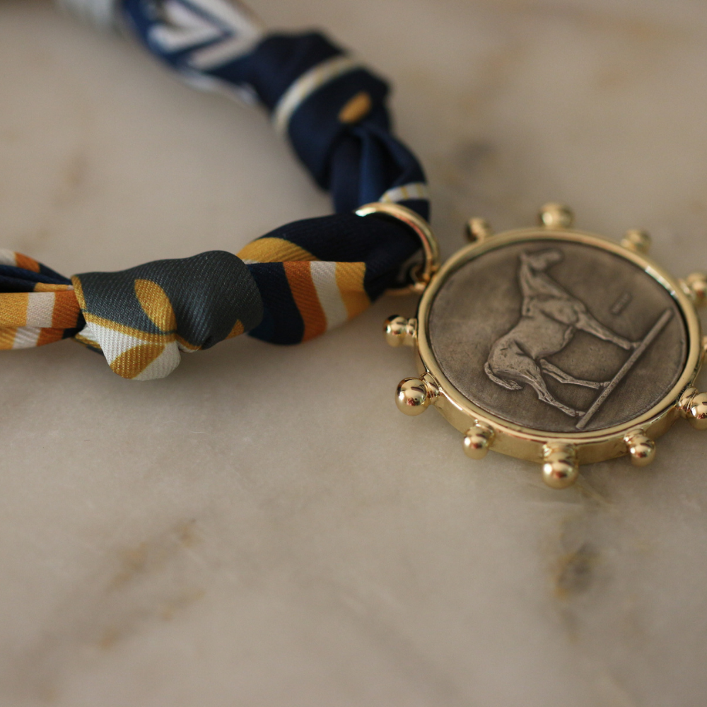 Derby Days Midnight Navy Horse Medallion Scarf Necklace Wrap