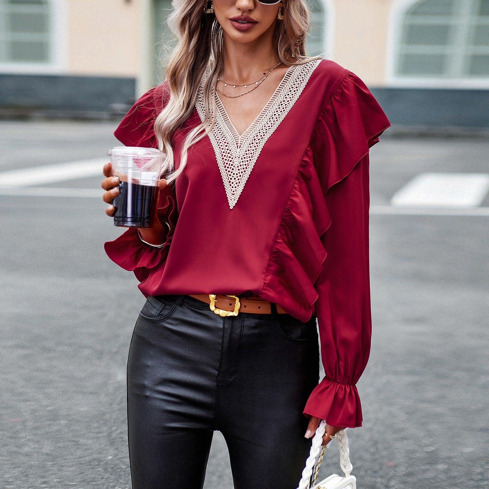 Demure Commuter V-Neck Long Sleeve Work Shirt For Women