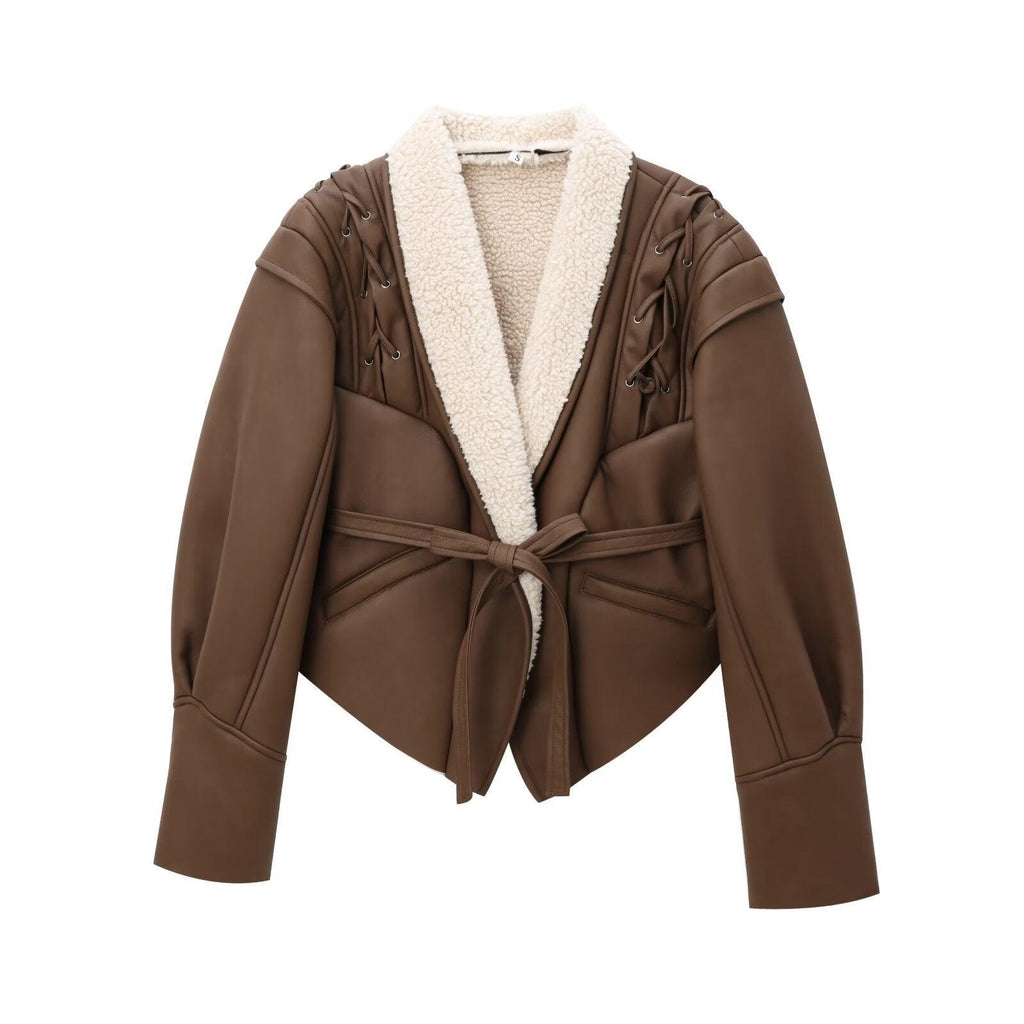 Chic French Waist Suede Jacket Outerwear Lace Closure