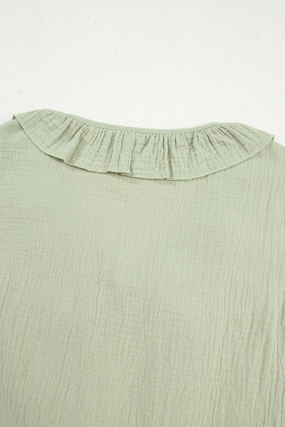Meadow Mist Green Bow Tie Front Ruffle Trim V Neck Long Sleeve Blouse