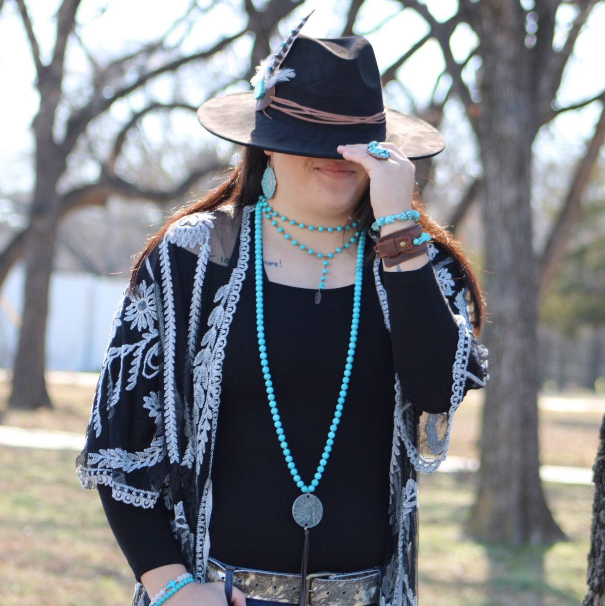 Double Strand Lariat Blue Turquoise Necklace w/ Copper Feather