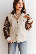Ivory Wash Denim Embroidered Knit Sleeve Jacket
