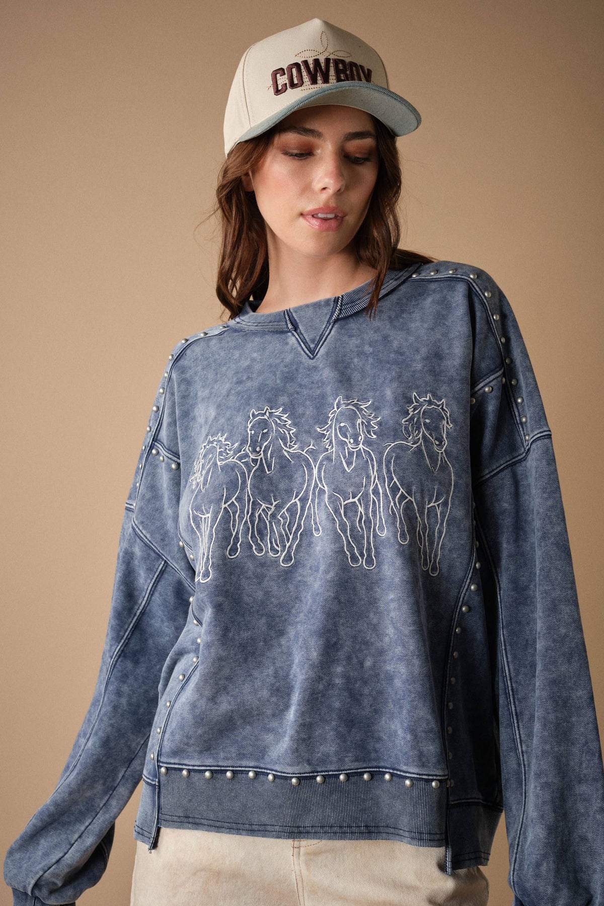 Horse Embroidery Stud Sweatshirt