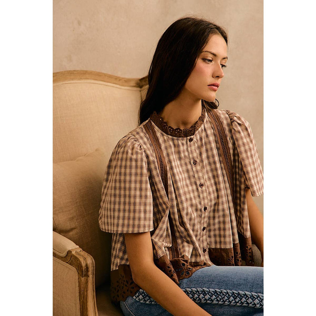 CHECK LACE TRIM FLUTTER SLEEVES BLOUSE TOP