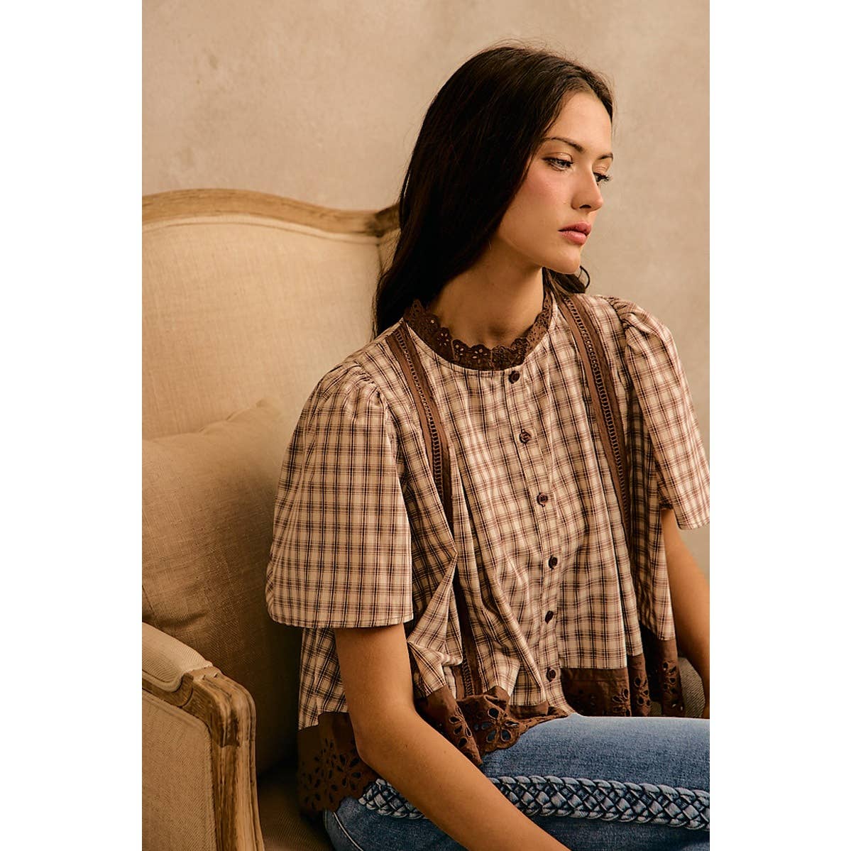 CHECK LACE TRIM FLUTTER SLEEVES BLOUSE TOP