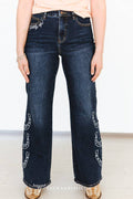 Dark Wash Horse Embroidered High Rise Wide Leg Cuffed Jeans