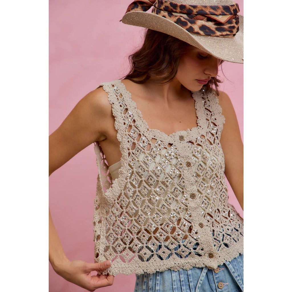 Sequin Diamond Crochet Lace Button-Down Vest Top