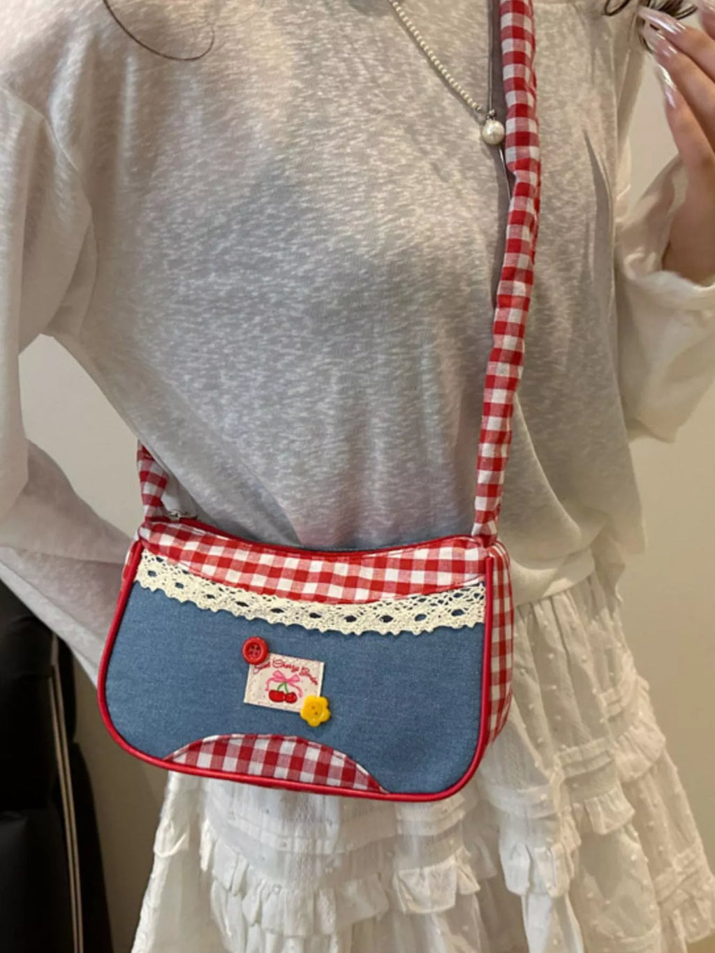 Cherry Plaid Strap Crossbody Bag