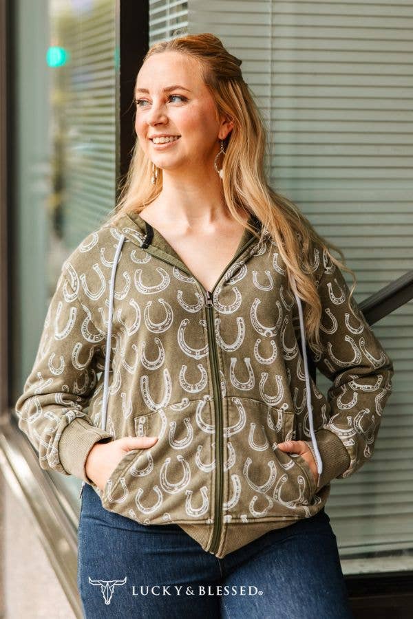 Olive Mineral Wash Horseshoe Printed Zip Up Hooded Sweater