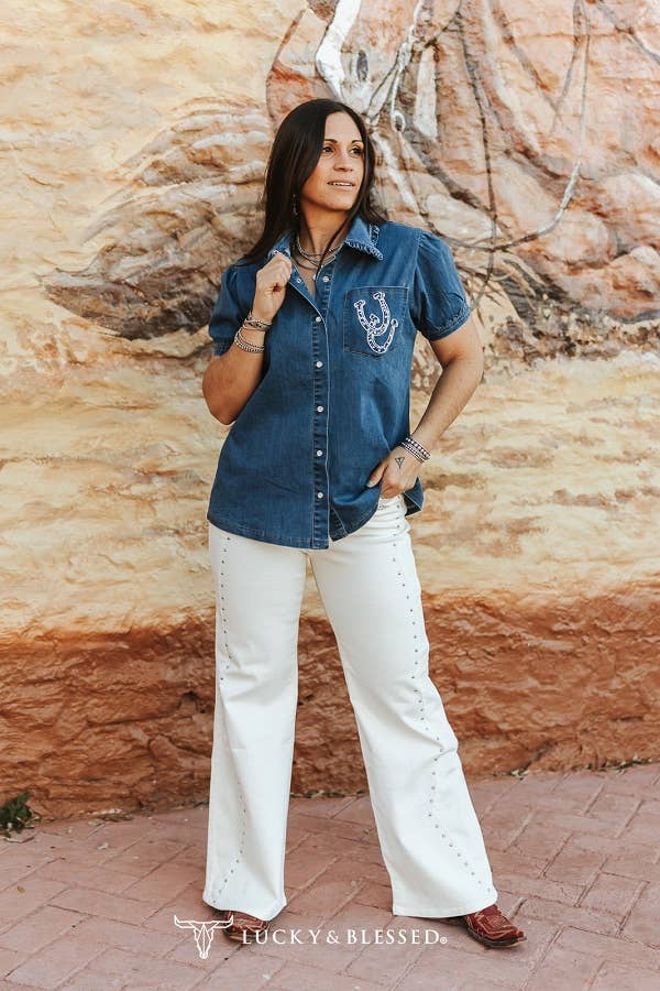Ivory Western Vintage Studded HighRise Wide Leg Jeans