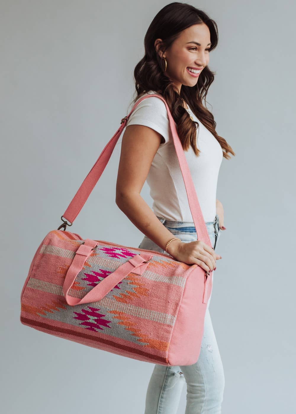 Aztec Print Cotton Duffel Bag — Orange, Pink & Slate