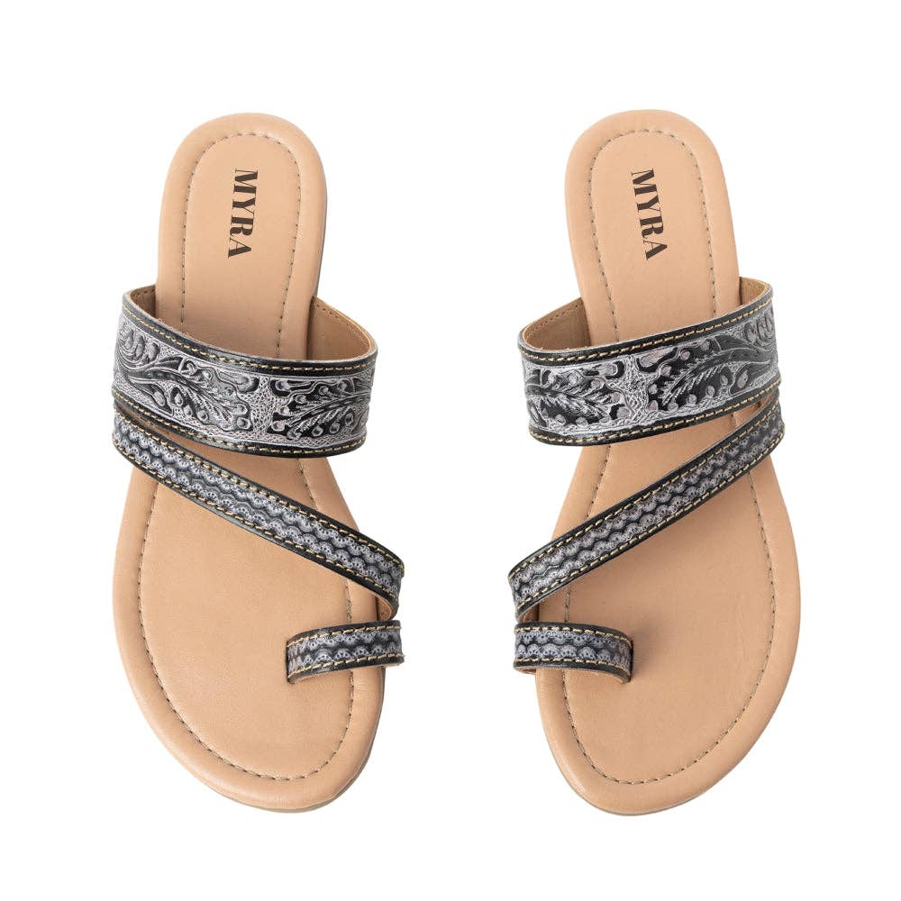 Rangeland Embossed Floral Toe-Loop Leather Sandals – Black