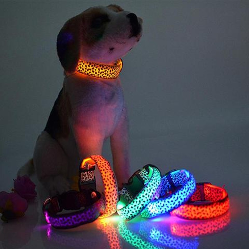 LED Dog Collar Safety Adjustable Nylon Leopard Print Rechargeable