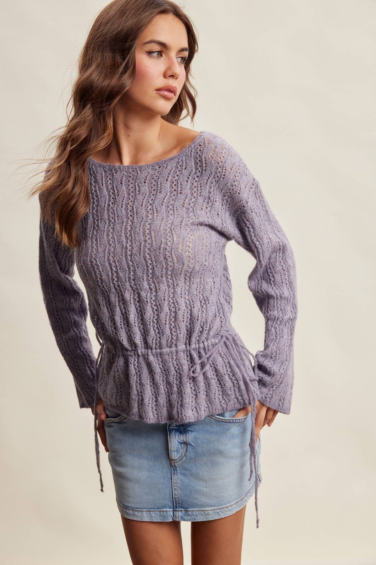 Pointelle Tie-Waist Knit Sweater