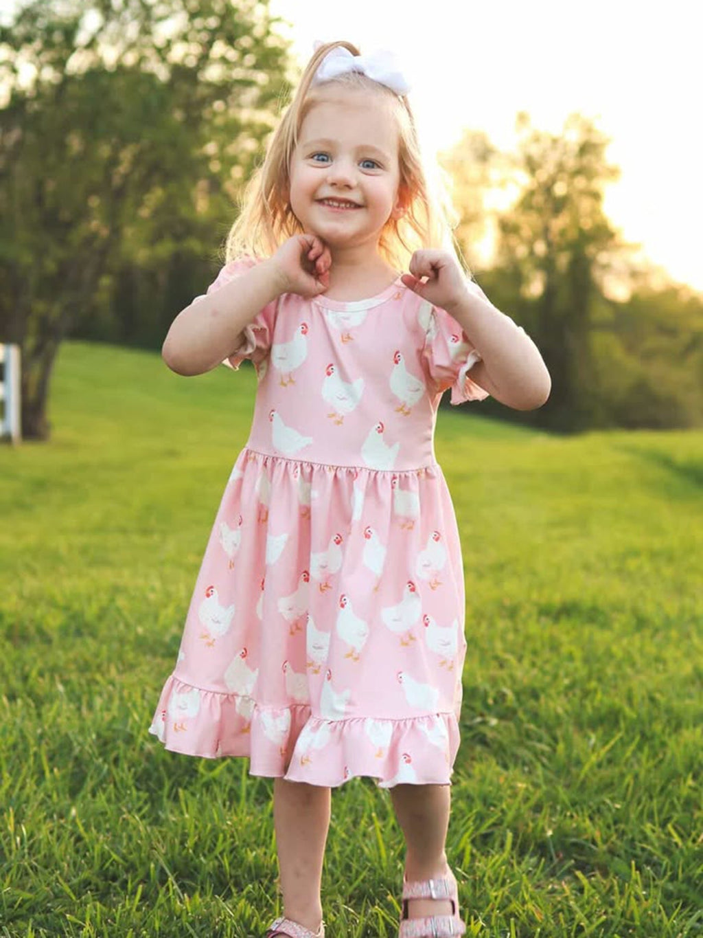 Farm Spring Chicken Print Girls Ruffle Dress