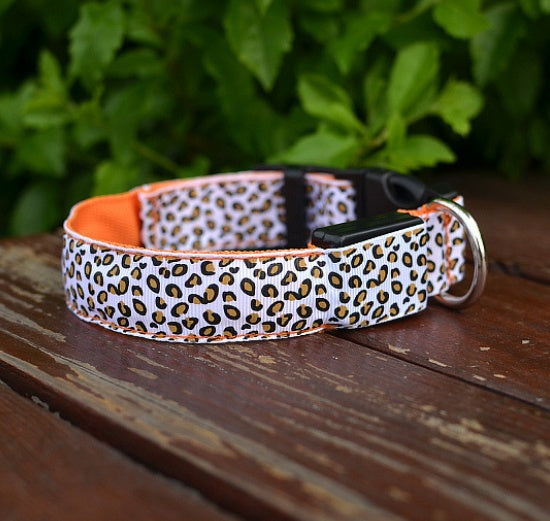 LED Dog Collar Safety Adjustable Nylon Leopard Print Rechargeable