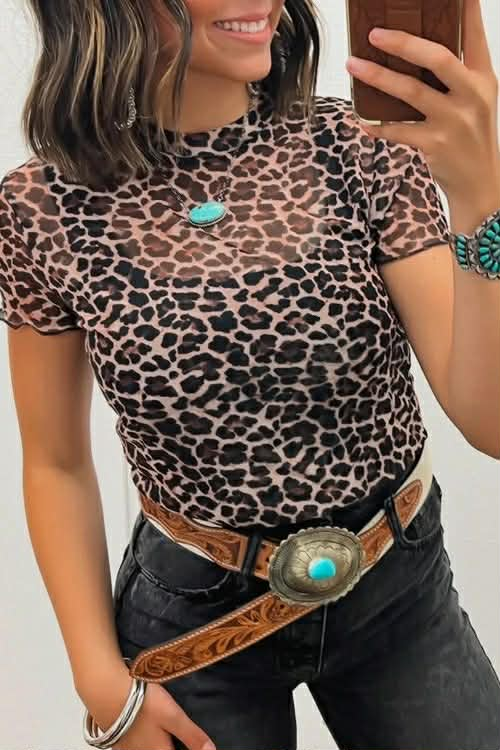 IN THE WILD ANIMAL PRINT MESH SHORT SLEEVE TOP