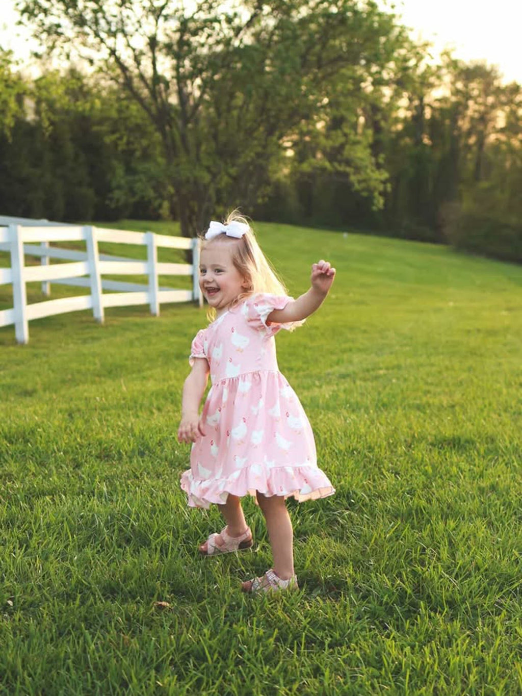 Farm Spring Chicken Print Girls Ruffle Dress