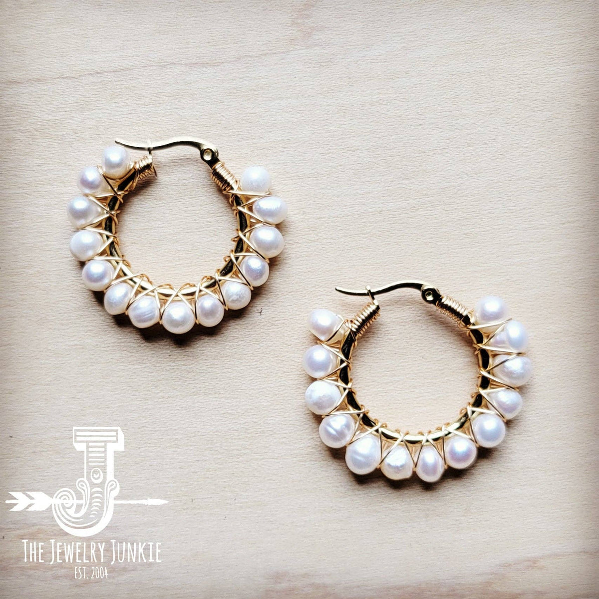 Wire Wrapped Freshwater Pearl Beaded Hoop Earrings