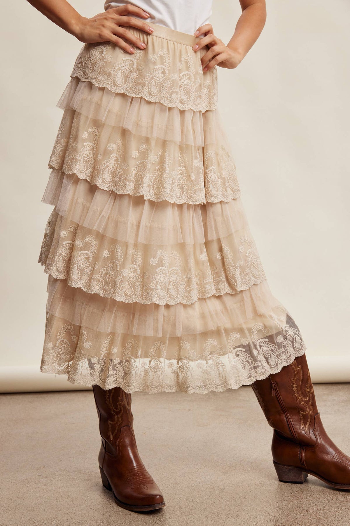 Taupe Lace Tiered Midi Skirt