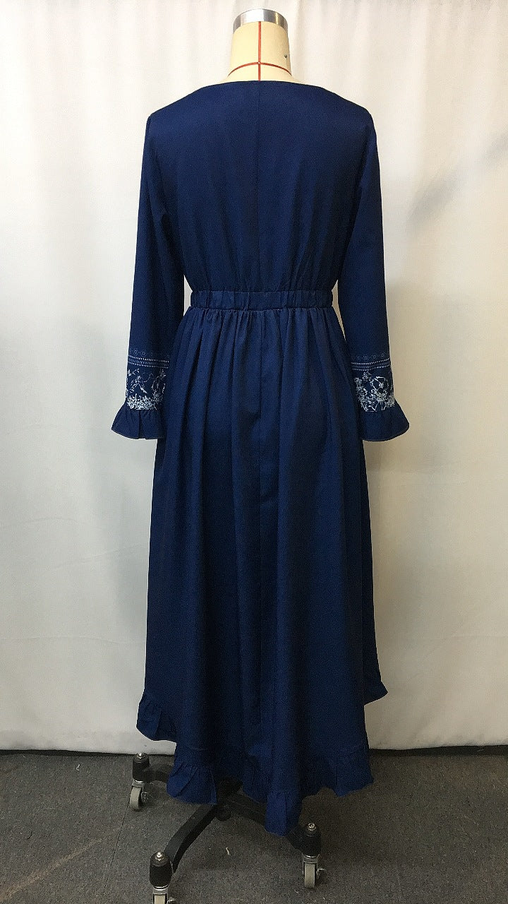 Denim Floral Print Lace-Up Vintage Dress