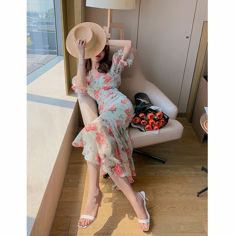 Stylish, Sophisticated, Flowy, Asymmetrical Chiffon Floral Dress