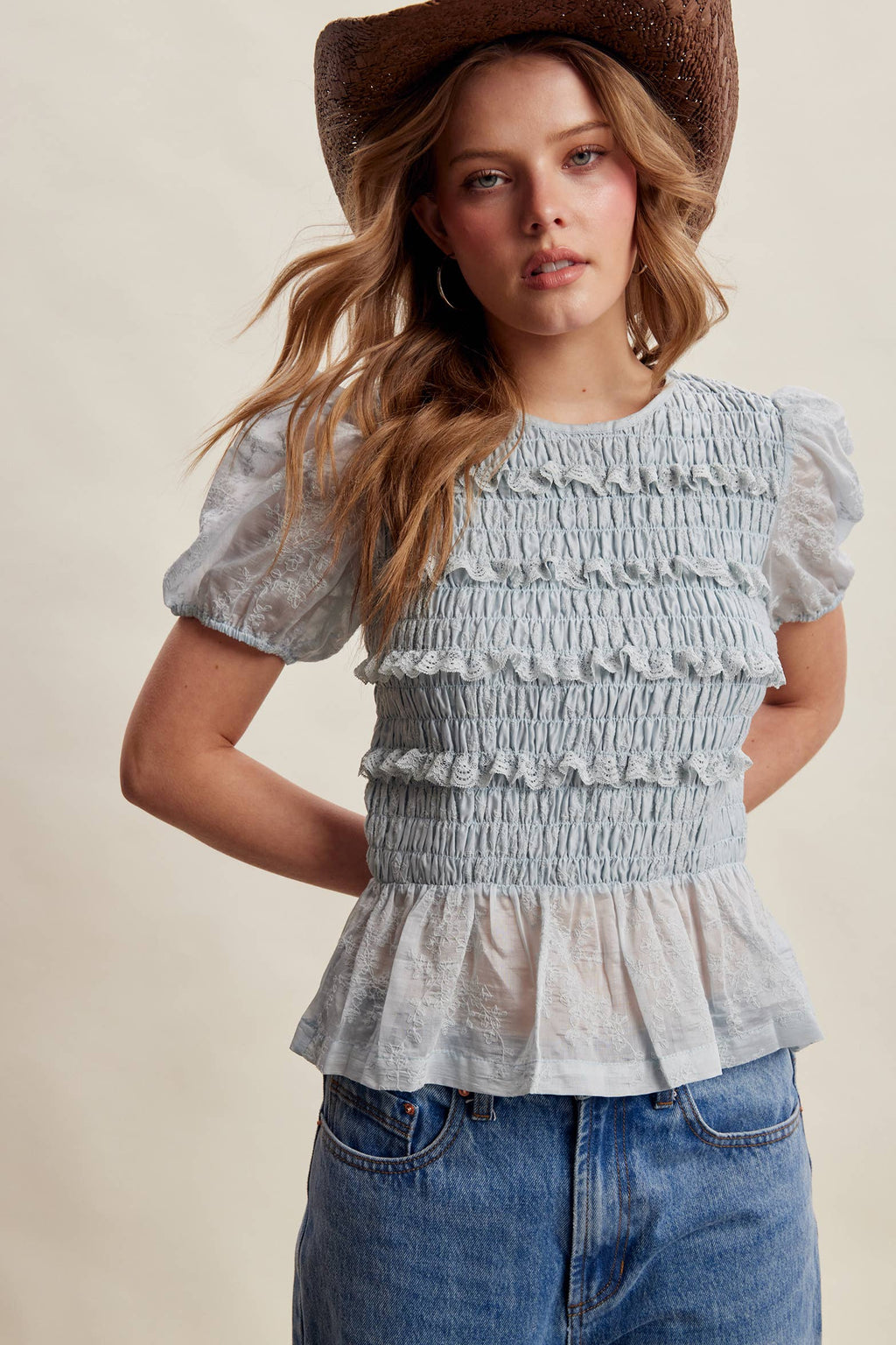 Smocked Lace Puff Sleeve Top