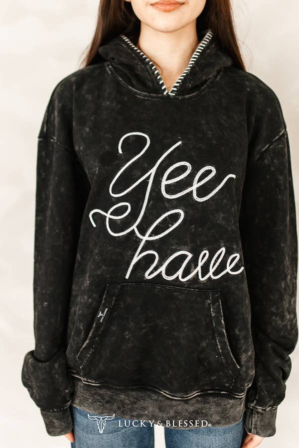 Black Mineral Wash Yeehaw Embroidered Detail Hoodie