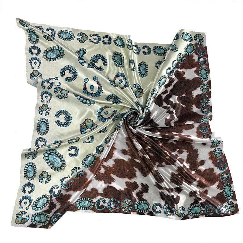 Turquoise Cow Pattern Western Scarf For Women Cowgirl Accessory