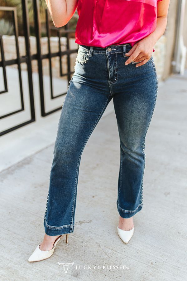 Rhinestone Studded High Rise Flare Jeans — Mid Wash | 31" Inseam