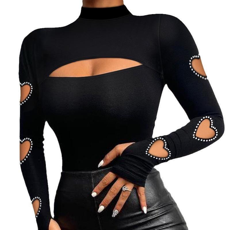 Sexy Country Chic Heart Cutout Beaded Long Sleeve Top For Women Model HCBLS