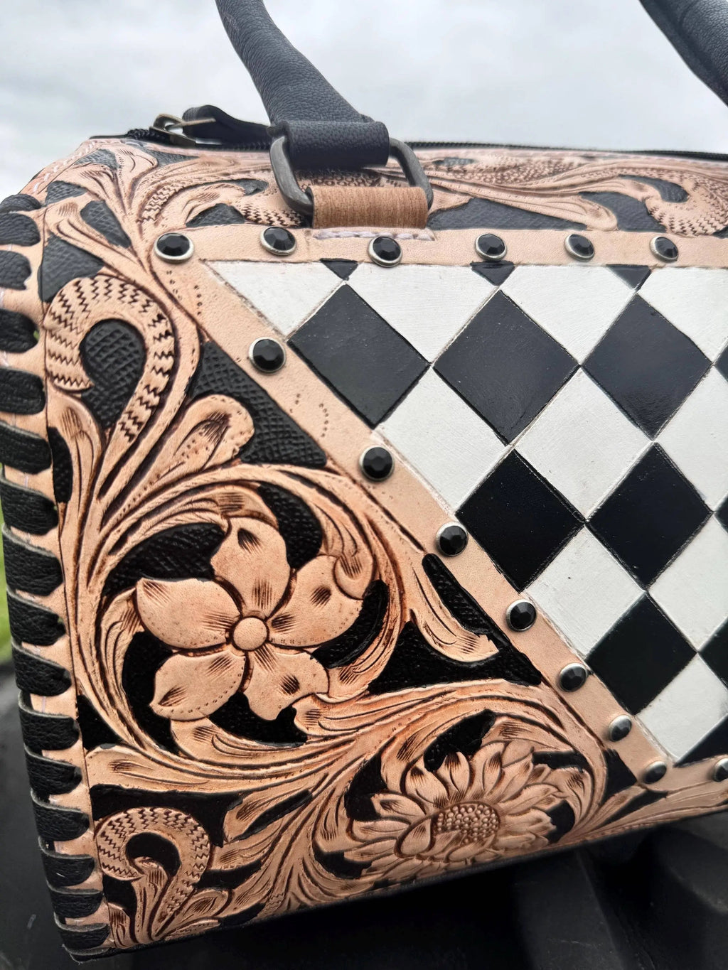 Luxe Tooled Leather Midnight Rhinestone Stud Checkered Speedy Bag