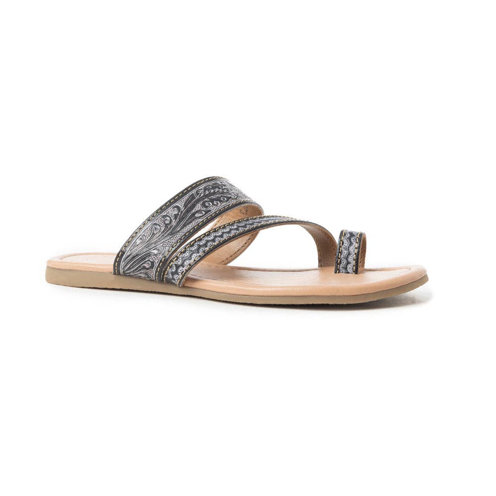 Rangeland Embossed Floral Toe-Loop Leather Sandals – Black