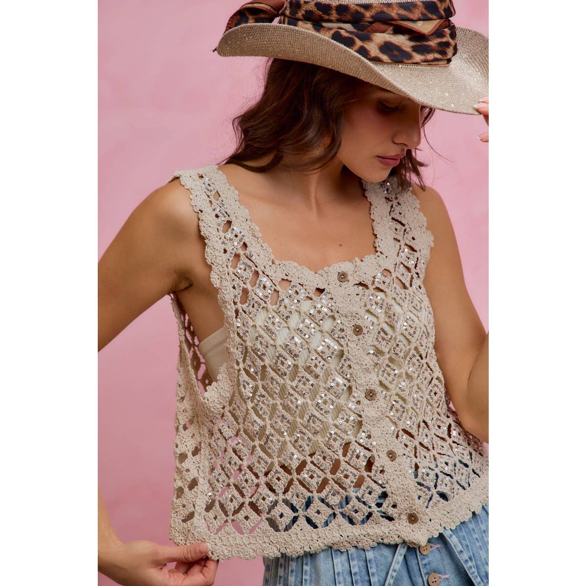 Sequin Diamond Crochet Lace Button-Down Vest Top
