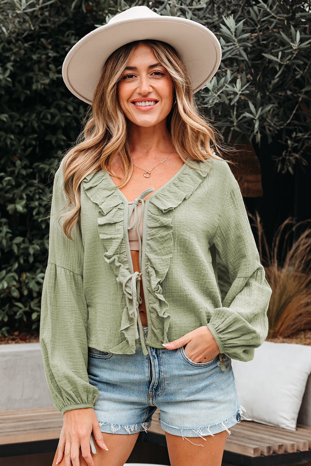 Meadow Mist Green Bow Tie Front Ruffle Trim V Neck Long Sleeve Blouse