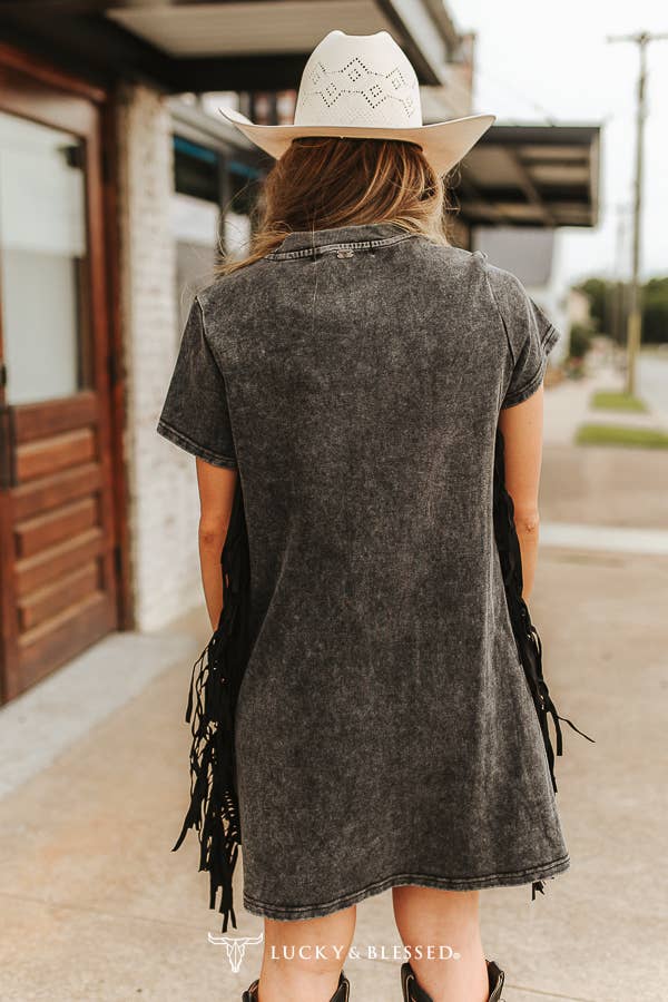Black Mineral Wash Rodeo Embroidery Fringe T-Shirt Dress