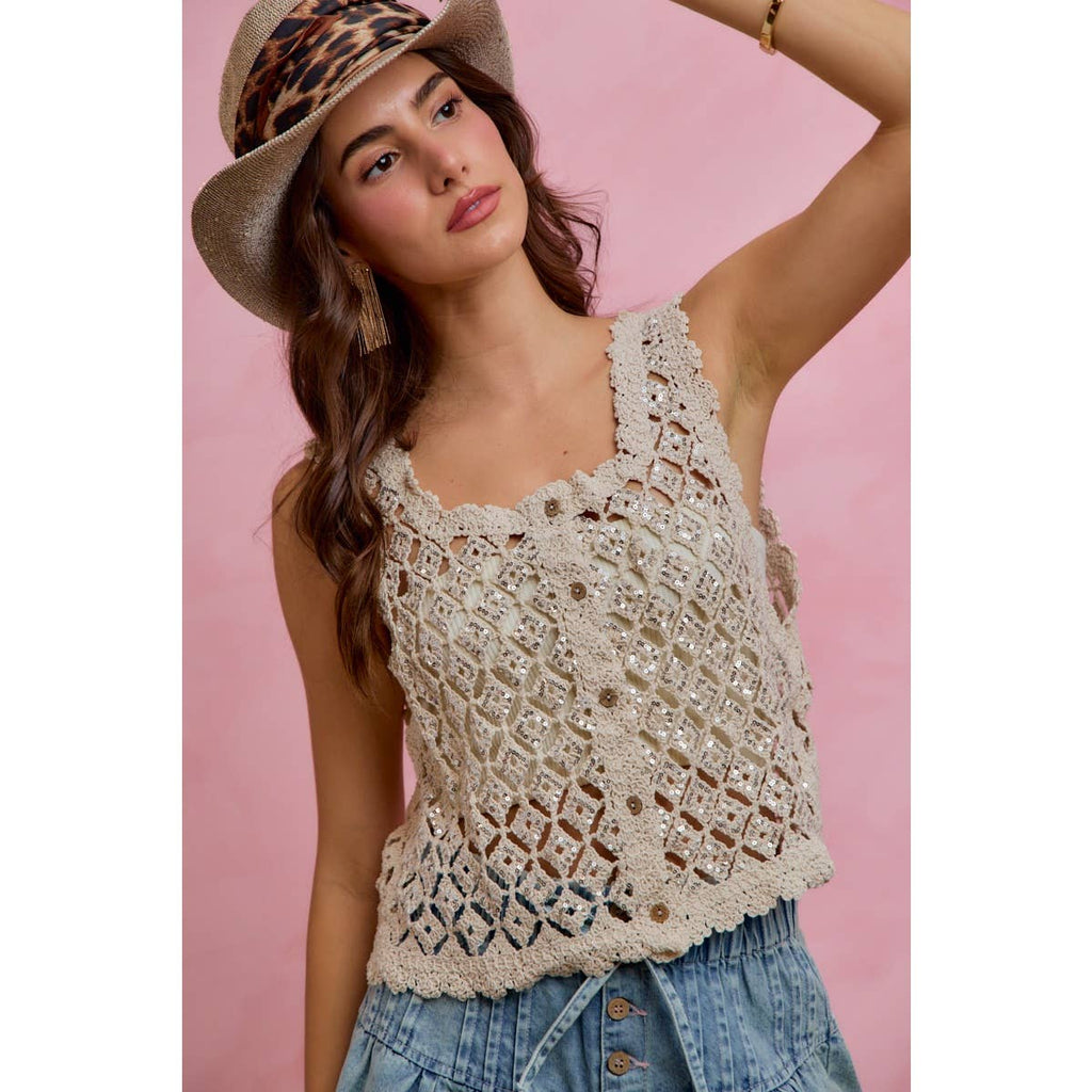 Sequin Diamond Crochet Lace Button-Down Vest Top
